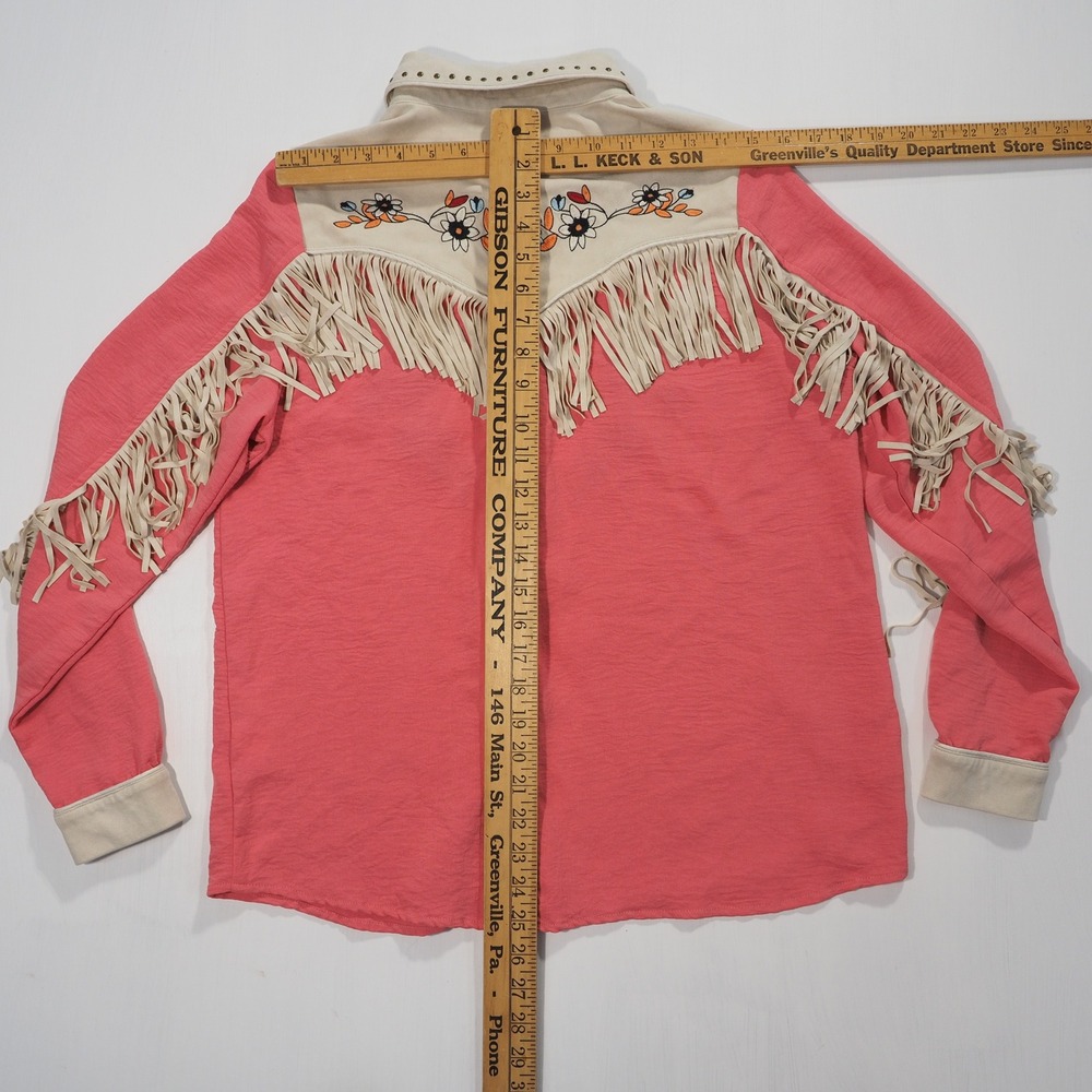 John Moon Texas Shirt Womens Large Pink Western Fringe Floral Embroidered Rodeo - Picture 6 of 9